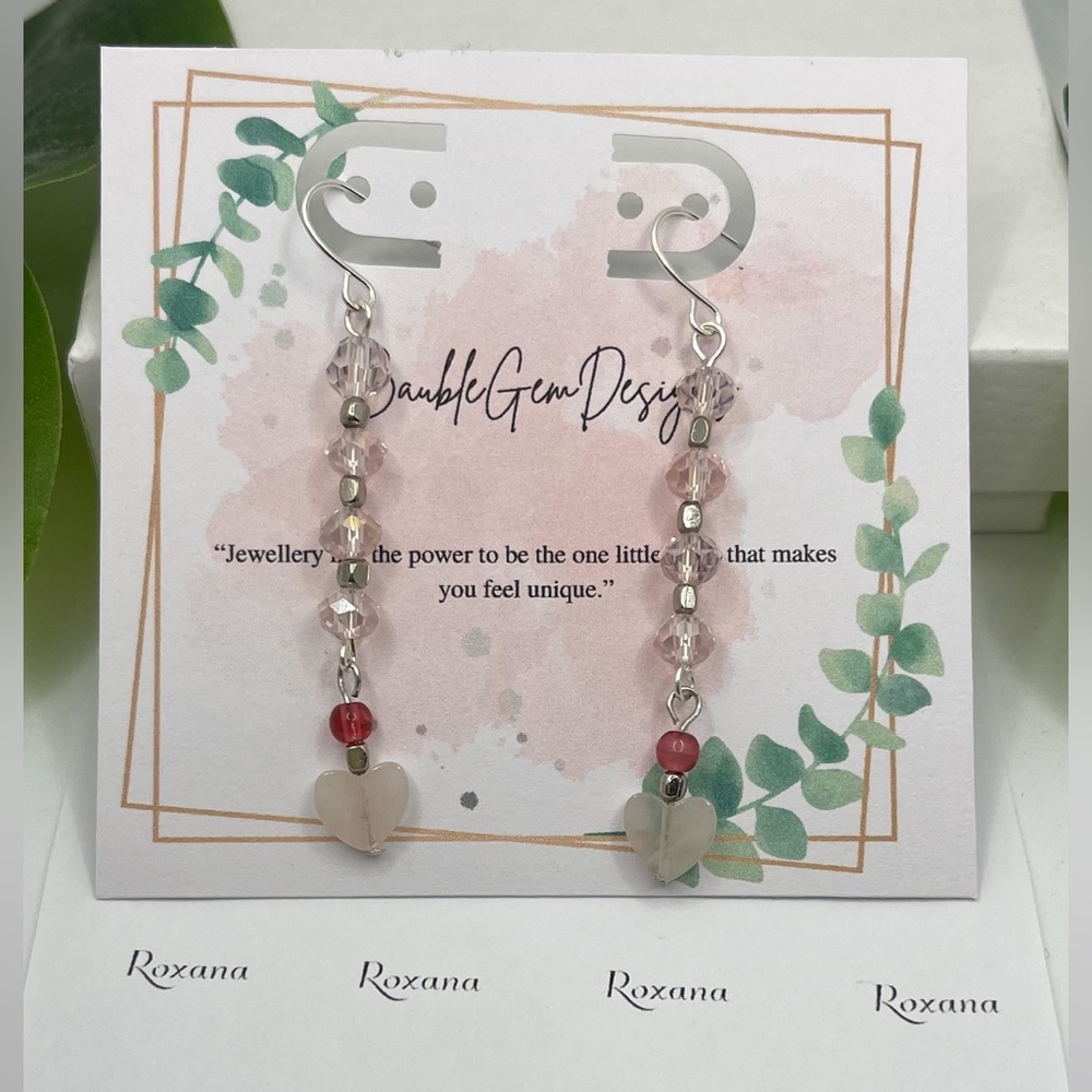Unique Dainty Dangle Earrings - Rose
Quartz Hearts, Crystal beads